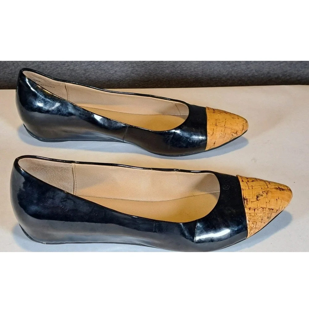 Kenneth Cole Reaction‎ In The Jeans Black Patent Cork Cap Toe Wedge Flats 8M